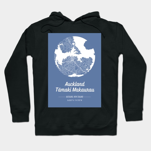 City map in blue: Auckland Tamaki Makaurau, New Zealand with retro vintage flair Hoodie by AtlasMirabilis